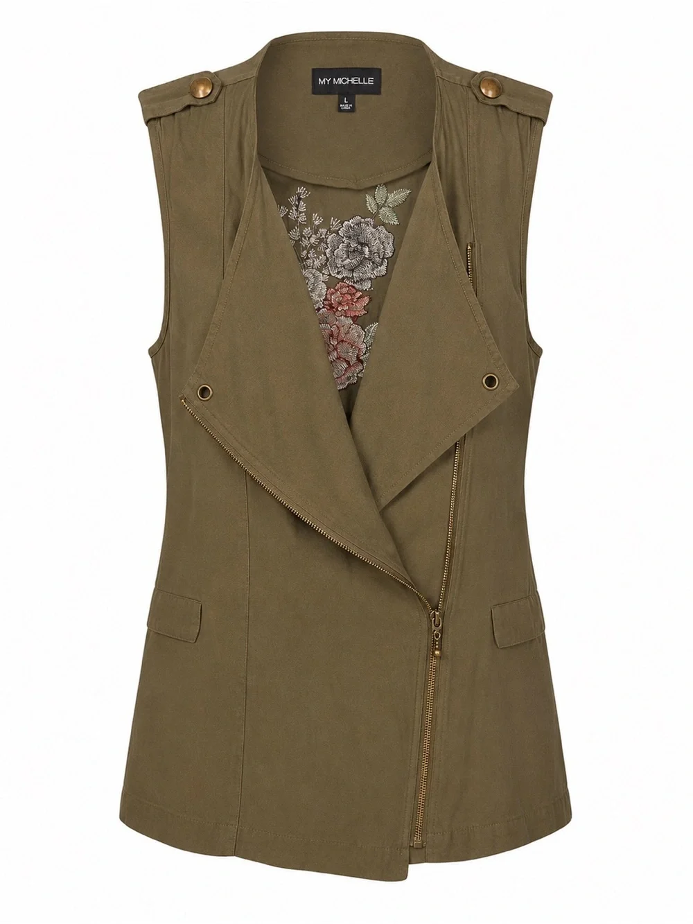 My Michelle Olive Green Utility Vest with Embroidered Back
